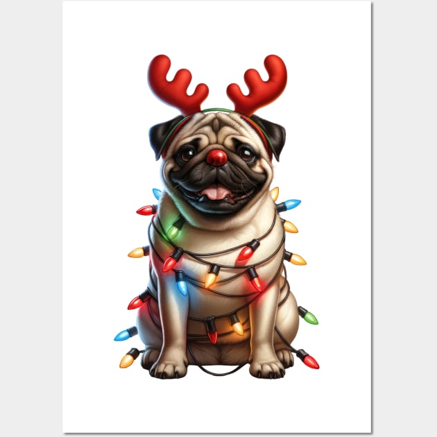 Christmas Red Nose Pug Dog Wall Art by Chromatic Fusion Studio